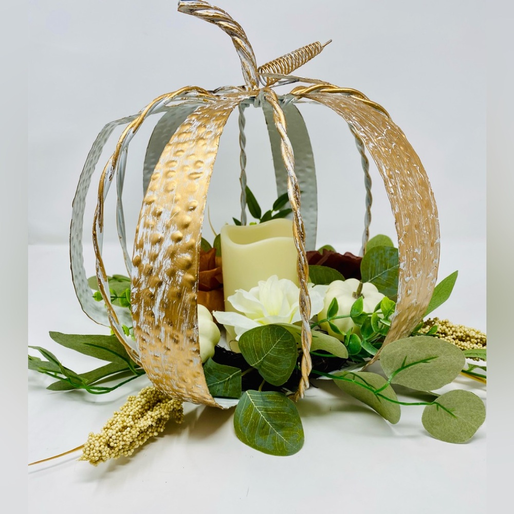 Rustic Metal Pumpkin Candle Holder Centerpiece Decor